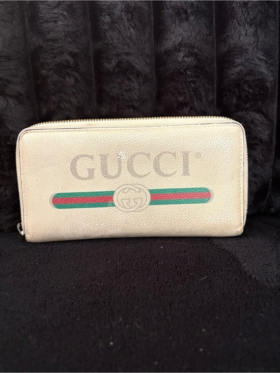 Gucci Other - GUCCI Metallic Ivory Zip-Around Wallet with Green and Red Web Stripe